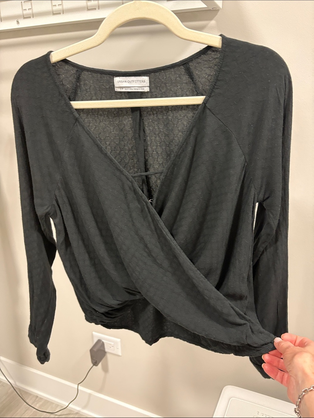Urban Outfitters Black Wrap-Front Long Sleeve Top with V-Neck